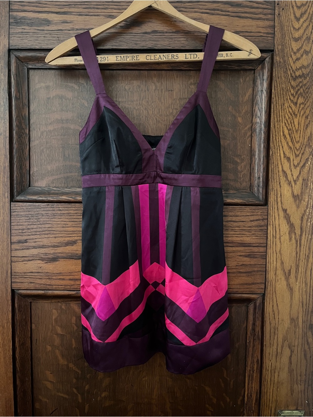 Y2K “Le Chateau” Black, Purple & Pink Satin Babydoll Geometric Top